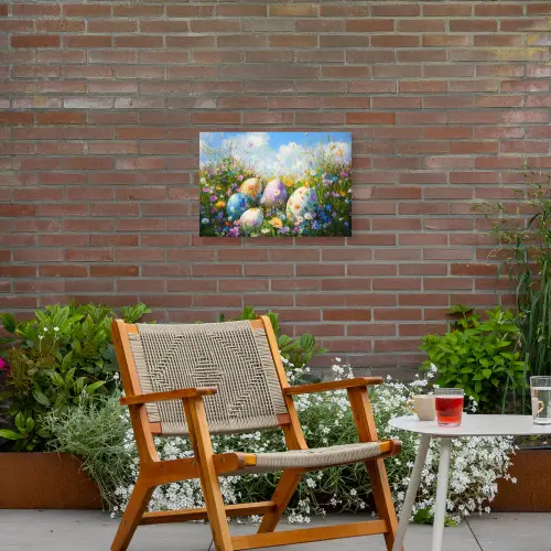 Grasveld - Eieren - Bloemen Tuinposter op houten frame 2 cm dik klein -sfeer3