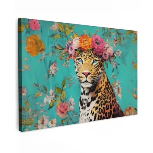 Luipaard - Bloemen - Kroon Tuinposter op houten frame 2 cm dik klein -3d