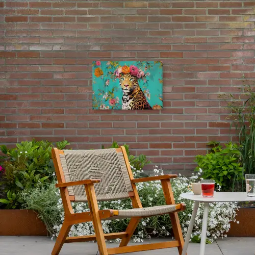 Luipaard - Bloemen - Kroon Tuinposter op houten frame 2 cm dik klein -sfeer3