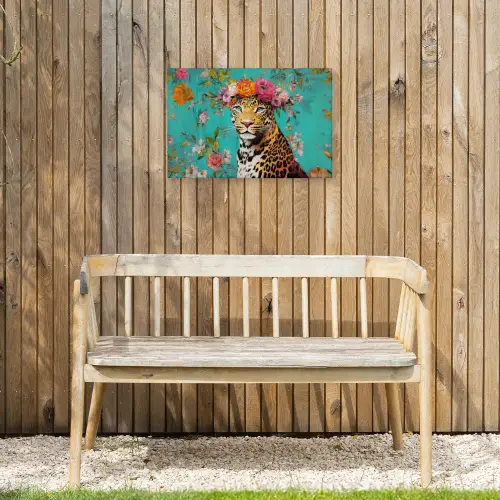 Luipaard - Bloemen - Kroon Tuinposter op houten frame 2 cm dik klein -sfeer4