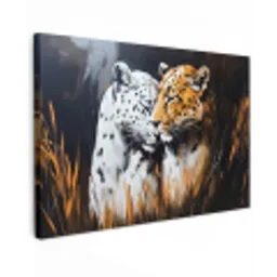 Luipaard - Oranje - Wit - Gras Tuinposter op houten frame 2 cm dik klein -3d