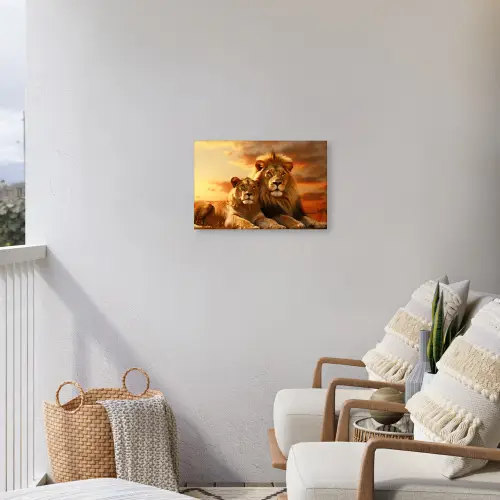 Leeuwenpaar bij zonsondergang Tuinposter op houten frame 2 cm dik klein -sfeer1
