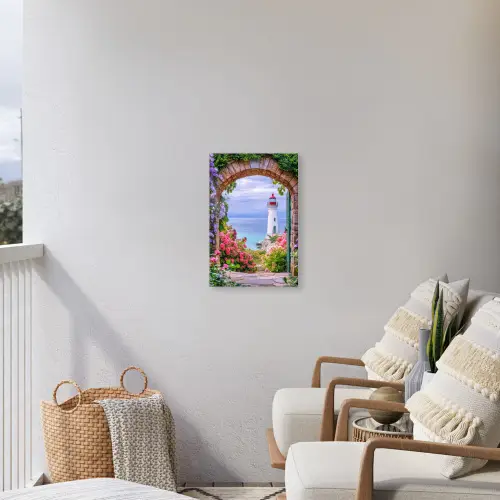 Doorkijk - Vuurtoren - Bloemen - Uitzicht Tuinposter op houten frame 2 cm dik klein -sfeer1