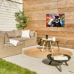 Aap met Koptelefoon Tuinposter op houten frame 2 cm dik klein -sfeer2