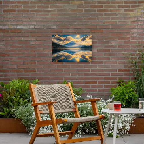 Berg - Rivier - Zonsondergang Tuinposter op houten frame 2 cm dik klein -sfeer3