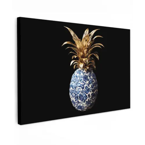 Ananas - Bloemen patroon - Goud - Delftsblauw Tuinposter op houten frame 2 cm dik klein -3d