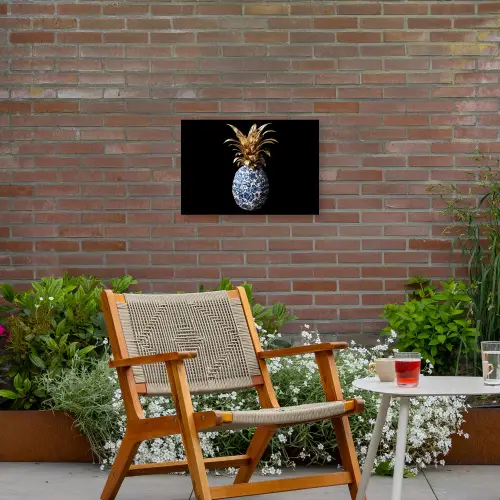 Ananas - Bloemen patroon - Goud - Delftsblauw Tuinposter op houten frame 2 cm dik klein -sfeer3