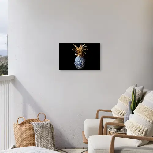 Ananas - Bloemen patroon - Goud - Delftsblauw Tuinposter op houten frame 2 cm dik klein -sfeer1