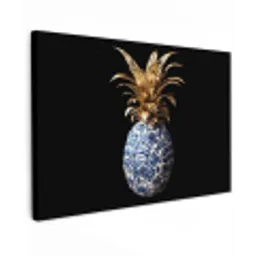 Ananas - Bloemen patroon - Goud - Delftsblauw Tuinposter op houten frame 2 cm dik klein -3d