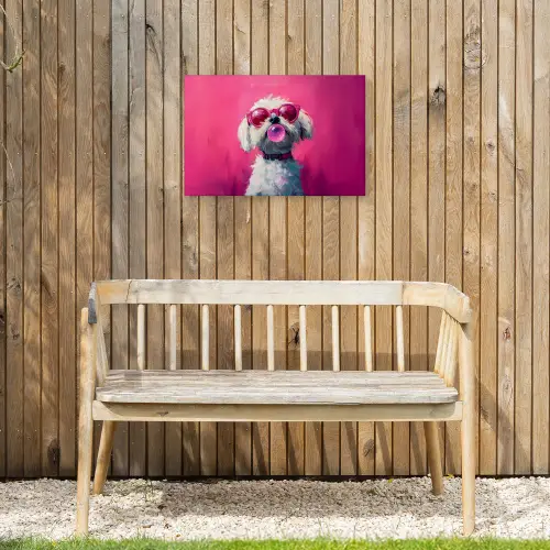 Pink - Hond - Bubbel Tuinposter op houten frame 2 cm dik klein -sfeer4
