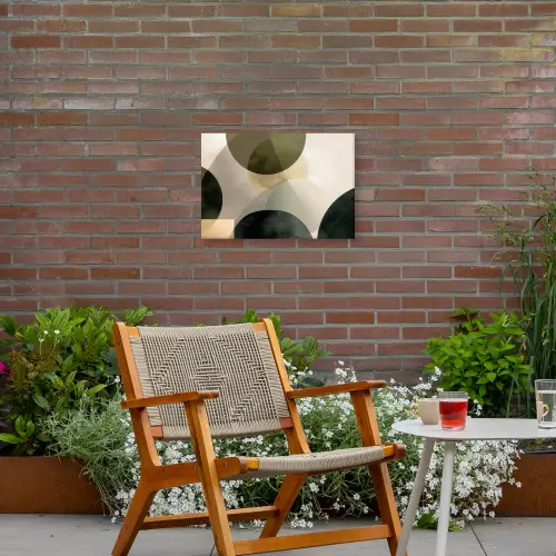 Vlakken - Abstract - Beige - Cirkels Tuinposter op houten frame 2 cm dik klein -sfeer3