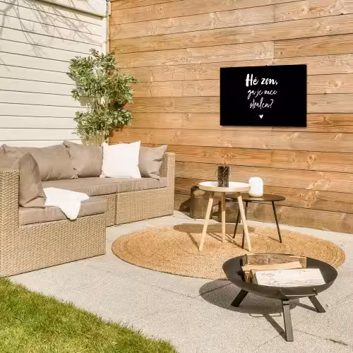 Quotes - Hé zon, ga je mee stralen? - Zomer - Tekst - Zon Tuinposter op houten frame 2 cm dik klein -sfeer2