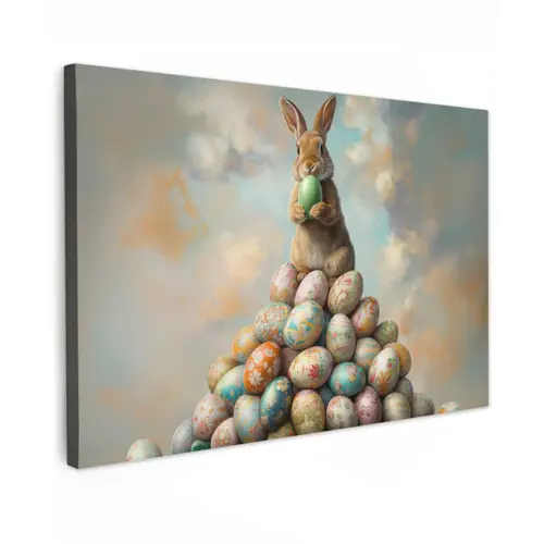 Konijn - Eieren - Kleurrijk Tuinposter op houten frame 2 cm dik klein -3d
