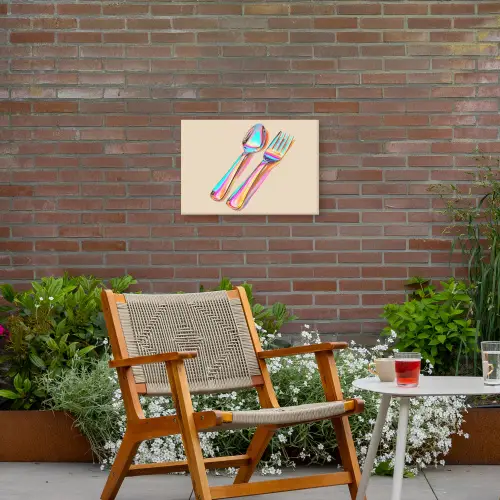 Regenboog - Lepel - Vork Tuinposter op houten frame 2 cm dik klein -sfeer3