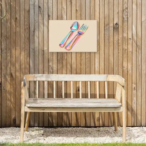 Regenboog - Lepel - Vork Tuinposter op houten frame 2 cm dik klein -sfeer4