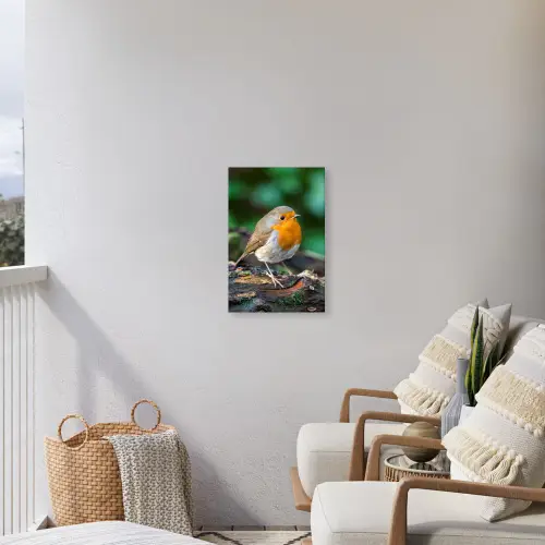 Roodborstje op een Boomstam Tuinposter op houten frame 2 cm dik klein -sfeer1