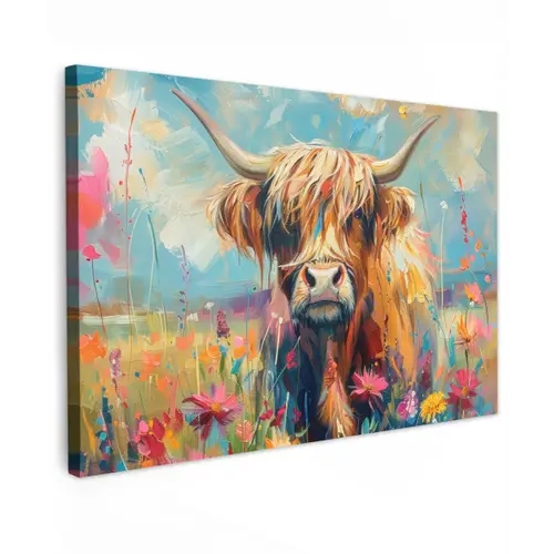 Schotse hooglander - Natuur - Kleurrijk - Bloemen Tuinposter op houten frame 2 cm dik klein -3d