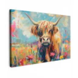 Schotse hooglander - Natuur - Kleurrijk - Bloemen Tuinposter op houten frame 2 cm dik klein -3d