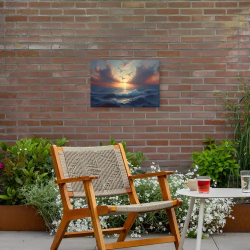 Meeuwen - Zonsondergang - Zee - Wolken Tuinposter op houten frame 2 cm dik klein -sfeer3
