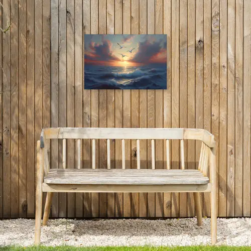 Meeuwen - Zonsondergang - Zee - Wolken Tuinposter op houten frame 2 cm dik klein -sfeer4