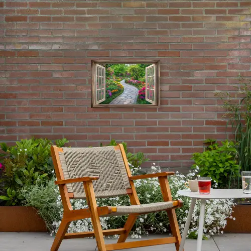 Doorkijk - Bloemen - Tuinpad - Natuur - Raam Tuinposter op houten frame 2 cm dik klein -sfeer3