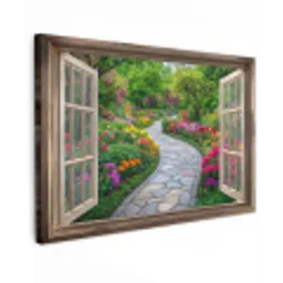 Doorkijk - Bloemen - Tuinpad - Natuur - Raam Tuinposter op houten frame 2 cm dik klein -3d
