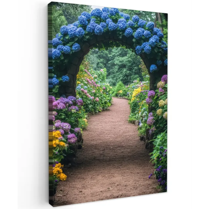Doorkijk - Bloemen - Hortensia - Pad Tuinposter op houten frame 2 cm dik klein -3d
