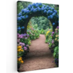 Doorkijk - Bloemen - Hortensia - Pad Tuinposter op houten frame 2 cm dik klein -3d