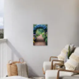 Doorkijk - Bloemen - Hortensia - Pad Tuinposter op houten frame 2 cm dik klein -sfeer1