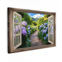 Doorkijk - Hortensia - Pad - Natuur Tuinposter op houten frame 2 cm dik klein -3d