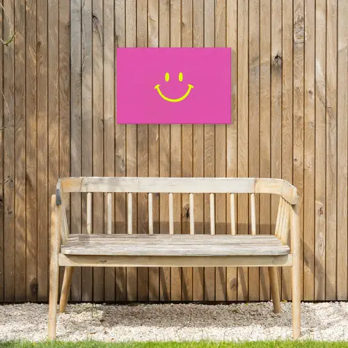 Smiley - Vrolijk - Roze Tuinposter op houten frame 2 cm dik klein -sfeer4