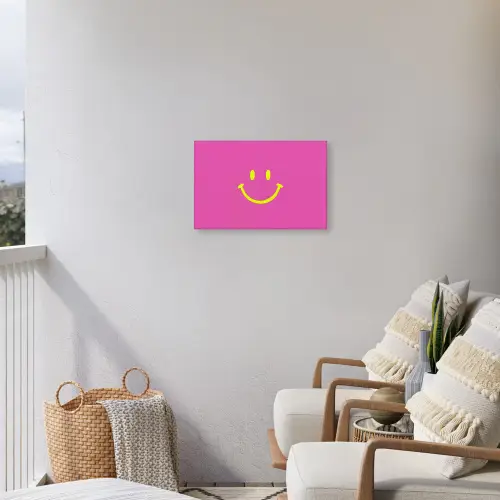 Smiley - Vrolijk - Roze Tuinposter op houten frame 2 cm dik klein -sfeer1