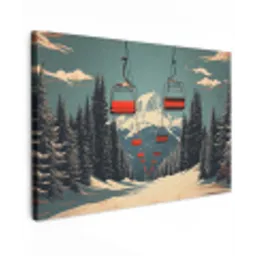 Sneeuw - Skilift - Rood - Bomen Tuinposter op houten frame 2 cm dik klein -3d