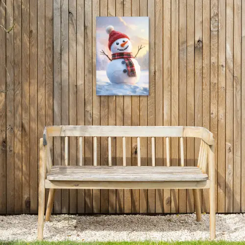 Sneeuwpop - Zonsondergang - Wit Tuinposter op houten frame 2 cm dik klein -sfeer4