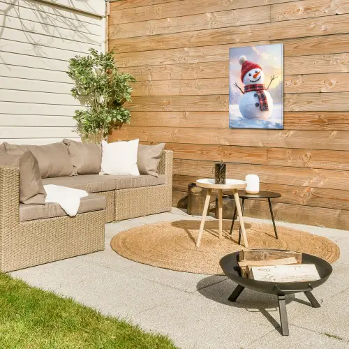 Sneeuwpop - Zonsondergang - Wit Tuinposter op houten frame 2 cm dik klein -sfeer2