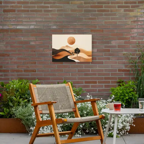 Zon - Heuvels - Boom - Abstract Tuinposter op houten frame 2 cm dik klein -sfeer3