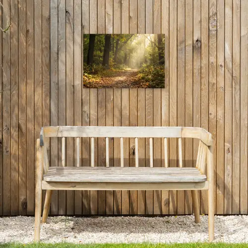 Zonlicht - Bospad - Bomen Tuinposter op houten frame 2 cm dik klein -sfeer4