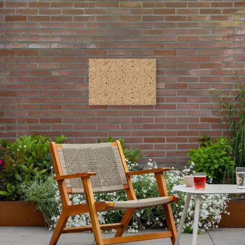 Terrazzo - Patroon - Beige Tuinposter op houten frame 2 cm dik klein 845 -sfeer3