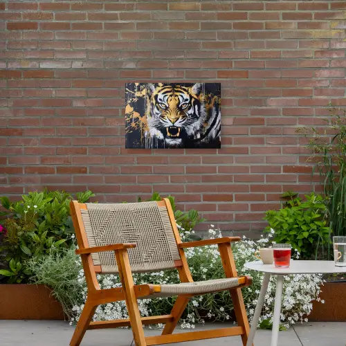 Tijger - Verfspatten - Goud Tuinposter op houten frame 2 cm dik klein -sfeer3