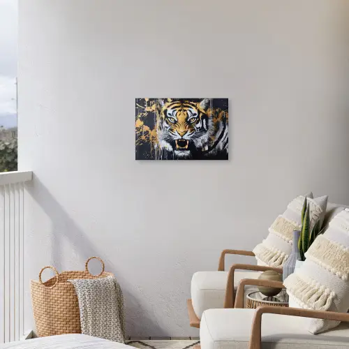 Tijger - Verfspatten - Goud Tuinposter op houten frame 2 cm dik klein -sfeer1