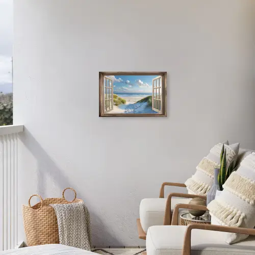 Doorkijk - Strand - Raam - Duinen - Zee Tuinposter op houten frame 2 cm dik klein -sfeer1