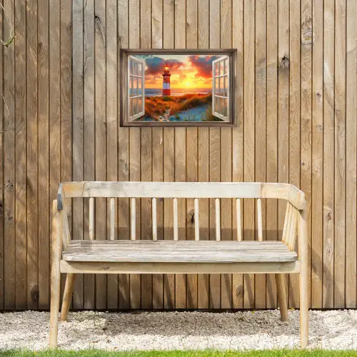 Doorkijk - Raam - Vuurtoren - Zonsondergang - Strand Tuinposter op houten frame 2 cm dik klein -sfeer4