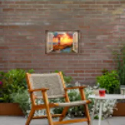Doorkijk - Raam - Vuurtoren - Zonsondergang - Strand Tuinposter op houten frame 2 cm dik klein -sfeer3