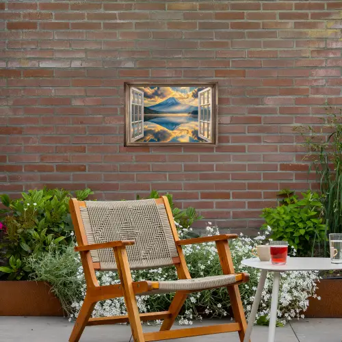 Doorkijk - Landschap - Bergen - Uitzicht - Raam Tuinposter op houten frame 2 cm dik klein -sfeer3