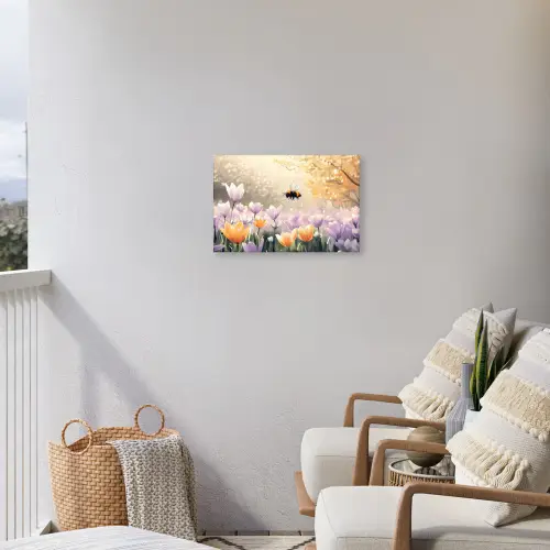 Viooltjes - bij - Zonlicht Tuinposter op houten frame 2 cm dik klein -sfeer1