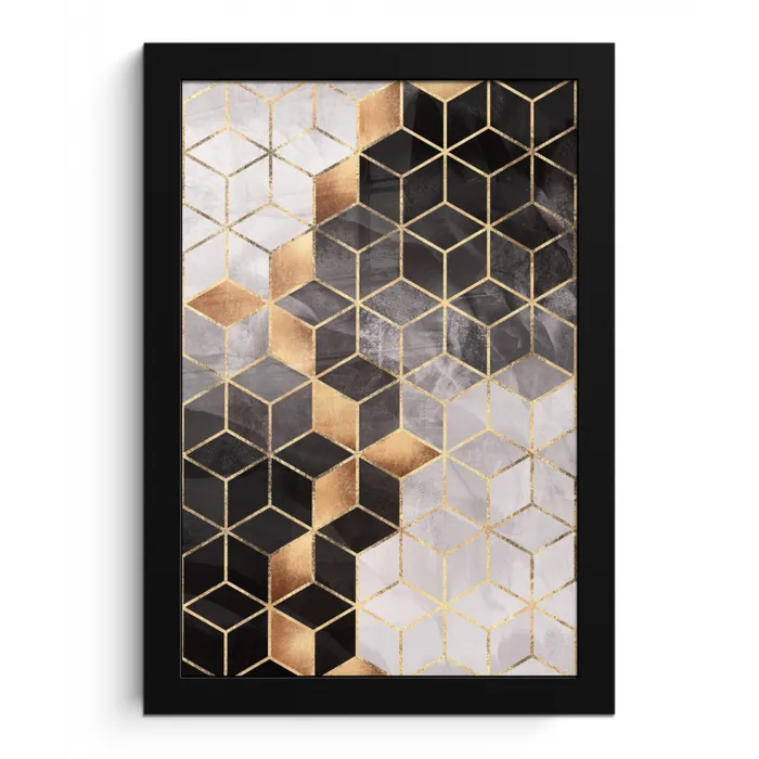 Abstract - Kubus - Goud - Patronen - Zwart - Wit fotolijst zwart zonder passe partout klein -3d