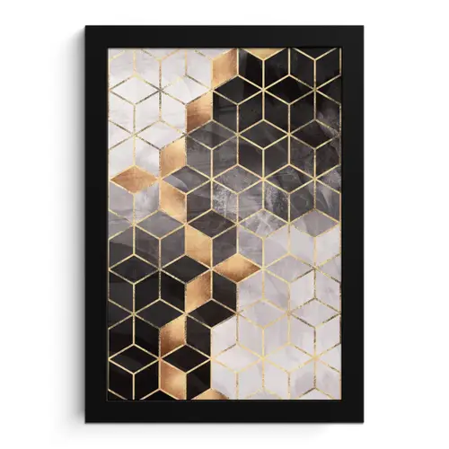 Abstract - Kubus - Goud - Patronen - Zwart - Wit fotolijst zwart zonder passe partout klein -3d