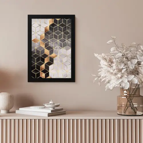 Abstract - Kubus - Goud - Patronen - Zwart - Wit fotolijst zwart zonder passe partout klein -sfeer5
