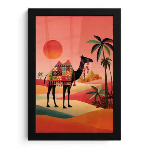 Kameel - Gekleurd tapijt - Duinen - Rode zon fotolijst zwart zonder passe partout klein -3d