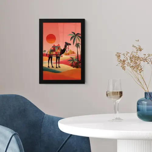 Kameel - Gekleurd tapijt - Duinen - Rode zon fotolijst zwart zonder passe partout klein -sfeer4